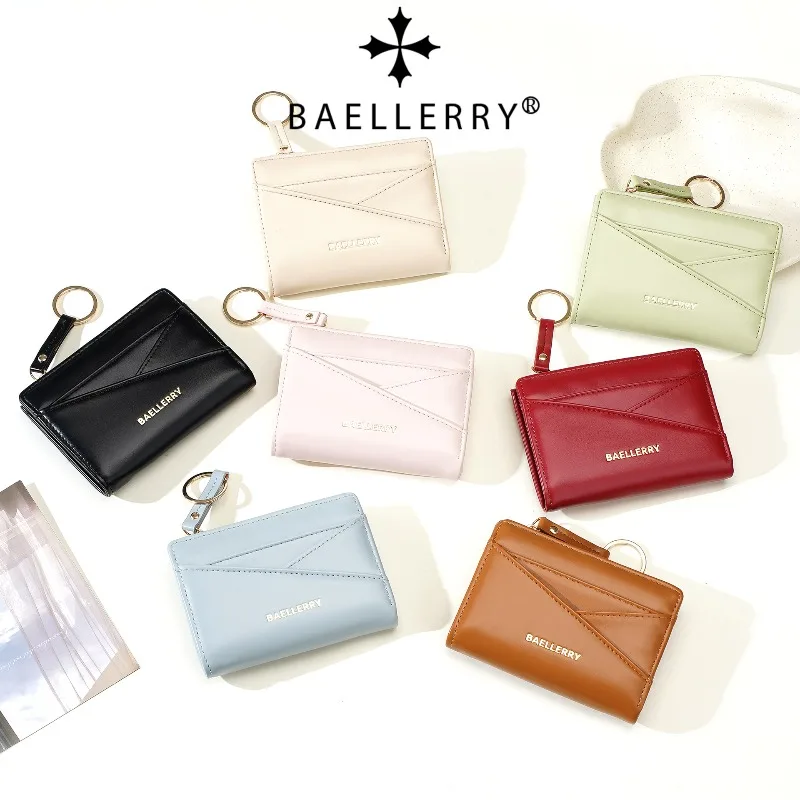 Baellerry Women's Short Wallets Pu Leather Wallet Macaron Solid Color Simple Embossed Female Coin Purse with Keychain Design