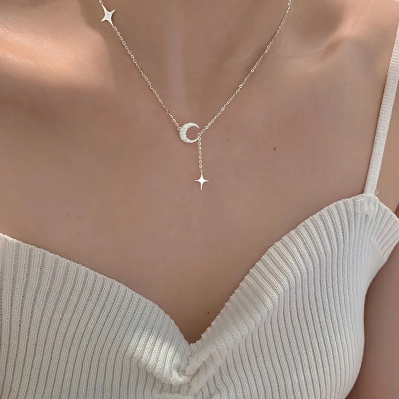 New 925 Sterling Silver Star Moon Necklace Simple Personality Charm Choker Birthday Gift for Women Exquisite Jewelry Accessories