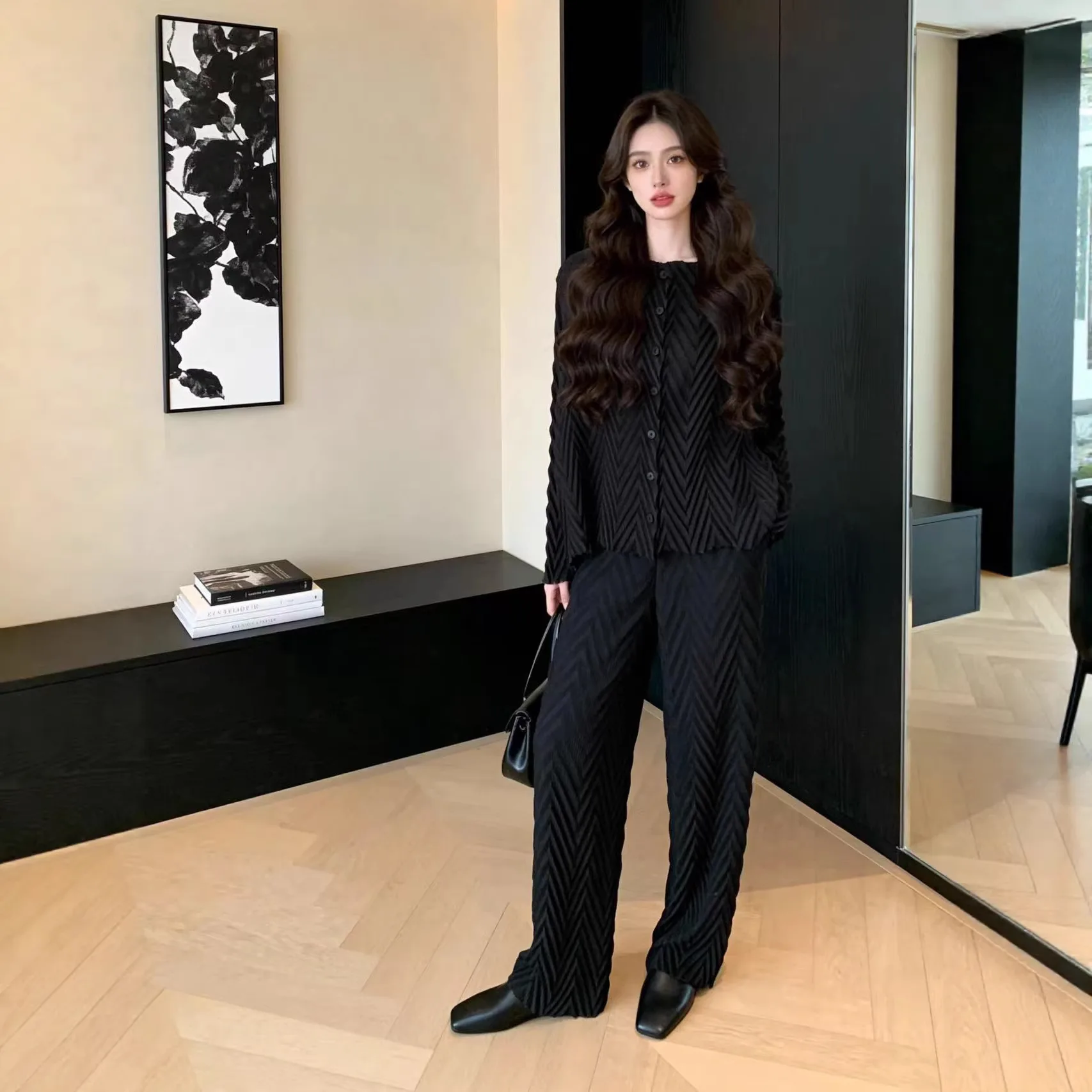 Black Chevron Print Pleated Long-Sleeve Shirt Wide-Leg Pants Set Minimalist Chic Daily Office Casual Essential Pieces 2026