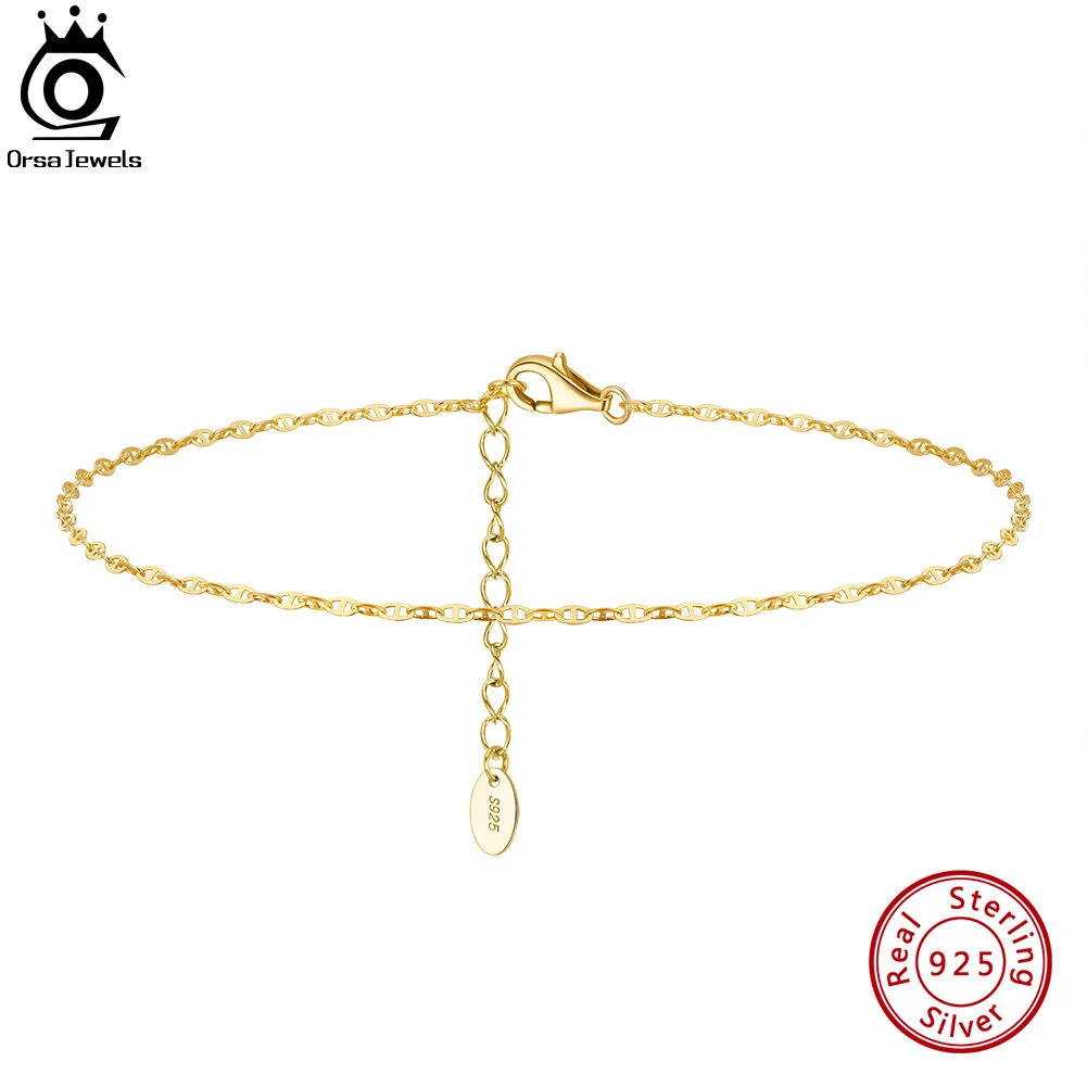 ORSA JEWELS 925 Sterling Silver Mariner Chain Anklets Fashion Women Summer 14K Gold Foot Bracelet Ankle Straps Biżuteria SA24