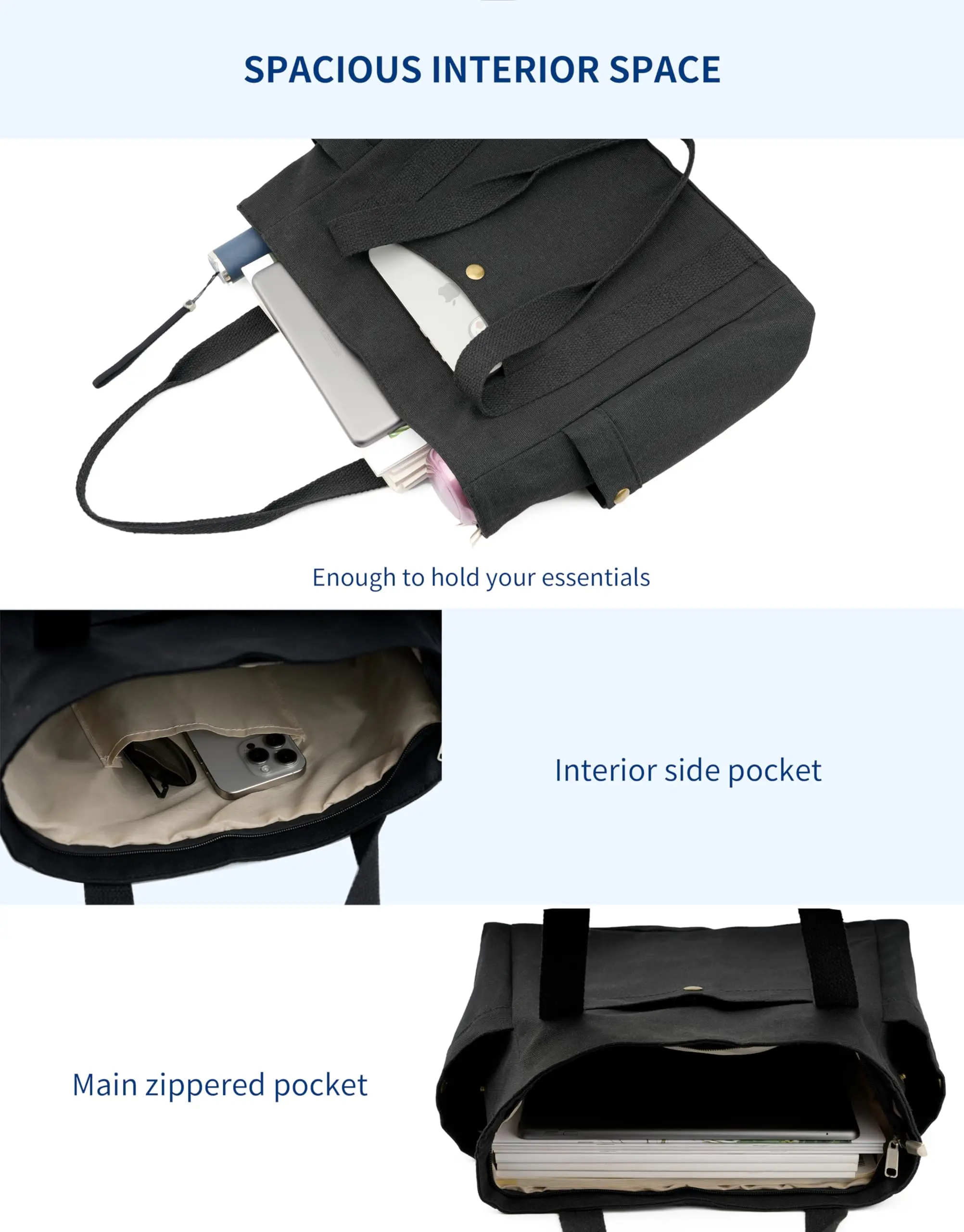 Women Canvas Tote Bag with Zipper Multiple Pockets for Daily Essentials Travel Work Large Capacity Shoulder Bag image 3