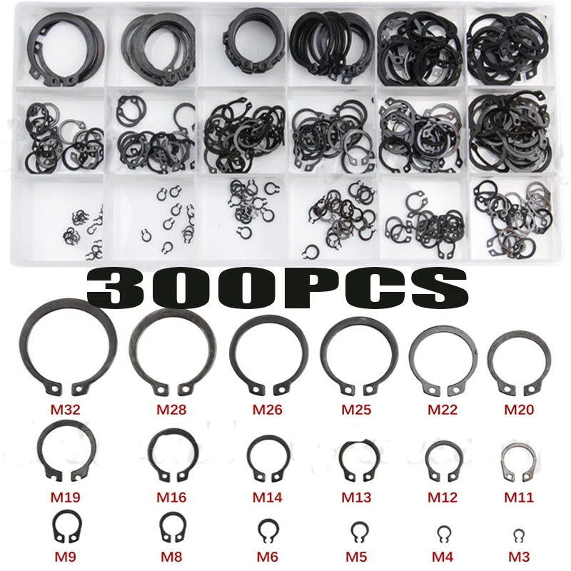 

300Pcs/Set 18 Sizes Metal Circlip O-Ring Washer Seals Internal & External Snap Retaining Ring Circlip M3-M32 Assortment Kit