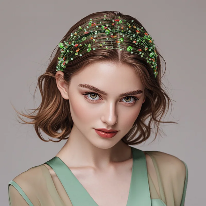 New Handmade Hair Accessories Green Fresh Crystal Headband Festival Woman Headwear Wide Hairbands Girls Headband Hair Hoop