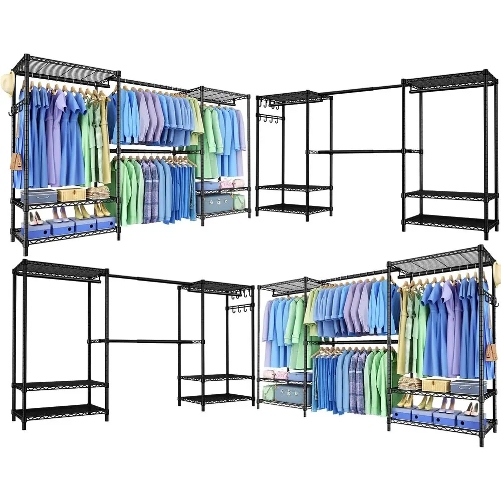 

Heavy-Duty 71.5-91 Wide x 13.8 Deep x 71 High Closet Storage System with Shelves and Expandable Hanger Rod, Black, 4-Piece Wardr