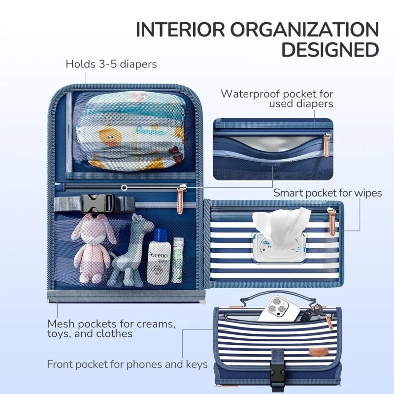 Portable Waterproof Baby Changing Pad with Multi-pockets Large Foldable Baby Diaper Bag with Shoulder Strap For Mommy Travel