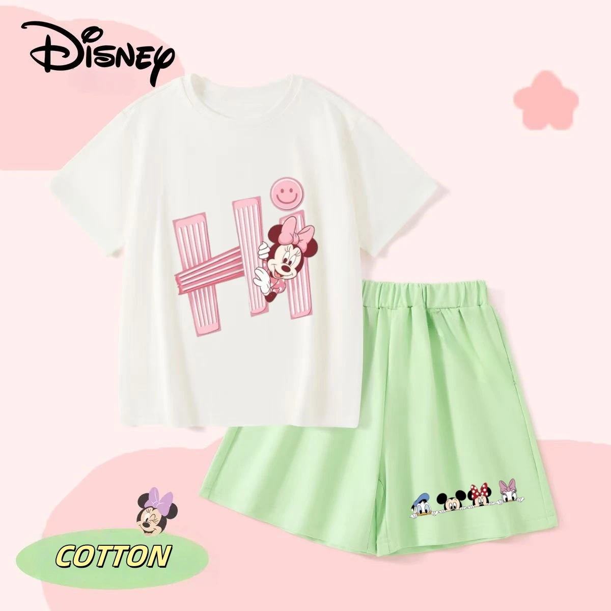 

Летний комплект однотонной хлопковой одежды Disney для маленьких девочек, детские футболки с Минни, топ и шорты, костюм из 2 предметов, детская одежда с короткими рукавами