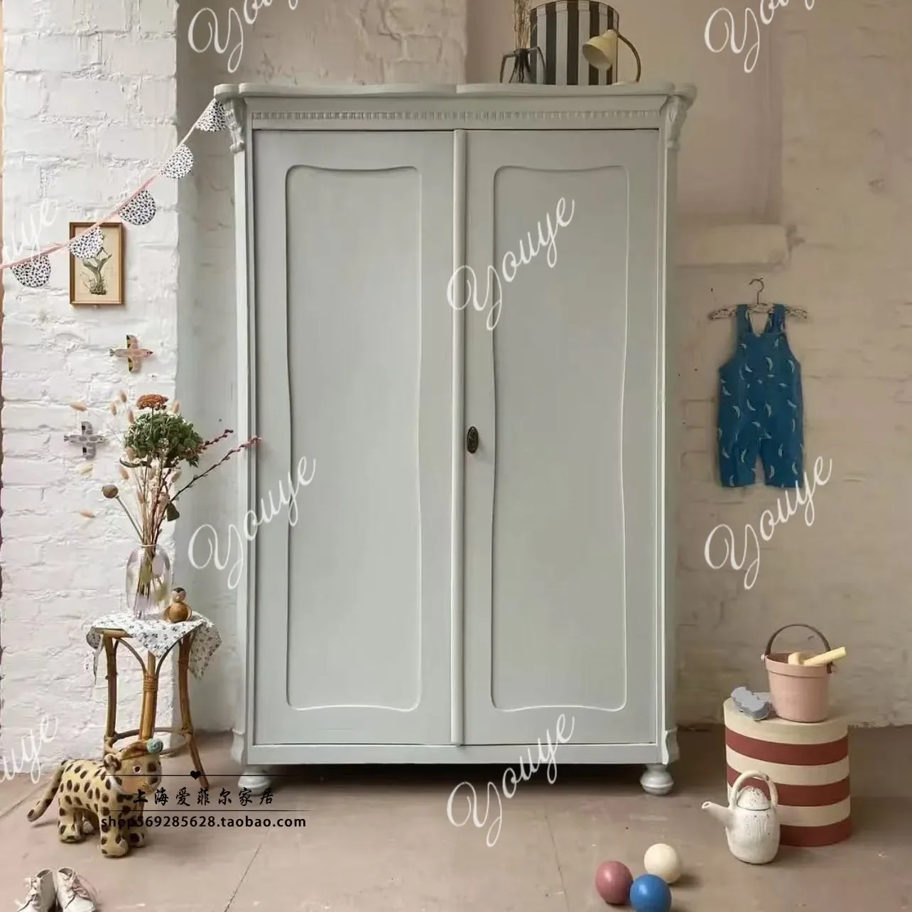 

J French Simple Double-door Wardrobe Pink Engraved Decoration Independent Locker European Retro Green Bedroom Wardrobe
