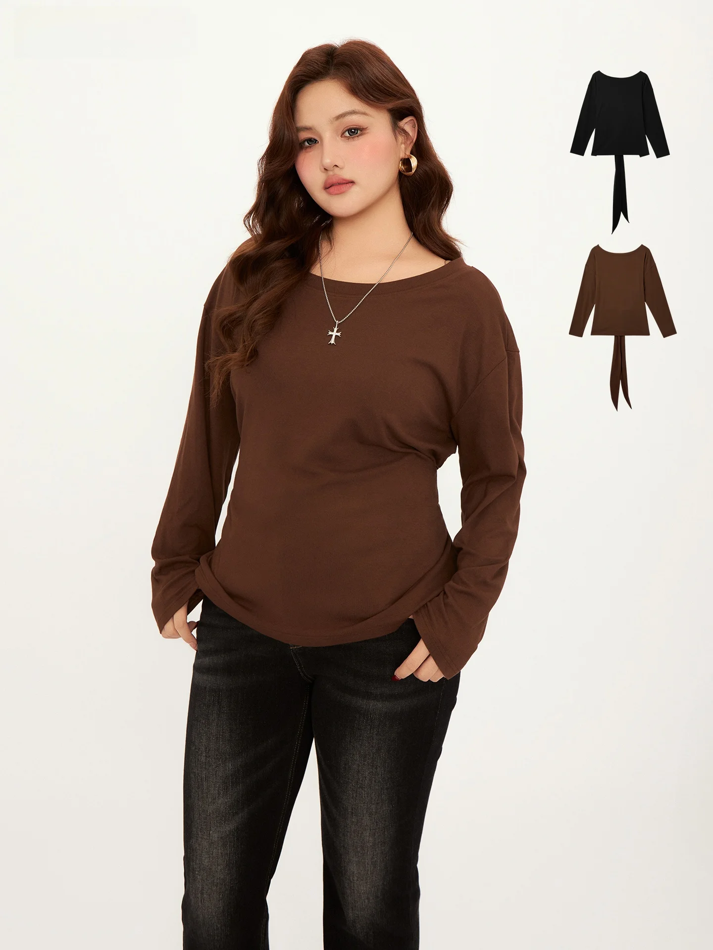 

Женская повседневная футболка CHIC FRUIT с длинным рукавом, открытыми плечами, поясом, базовый топ больших размеров для осени