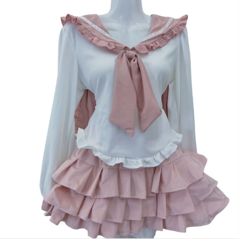 Japanese Academy Style Kawaii Lolita Navy JK Long Sleeve Shirt High Waist Puff Cake Half Skirt 2-Piece Set Sweet Girl Y2k Outfit