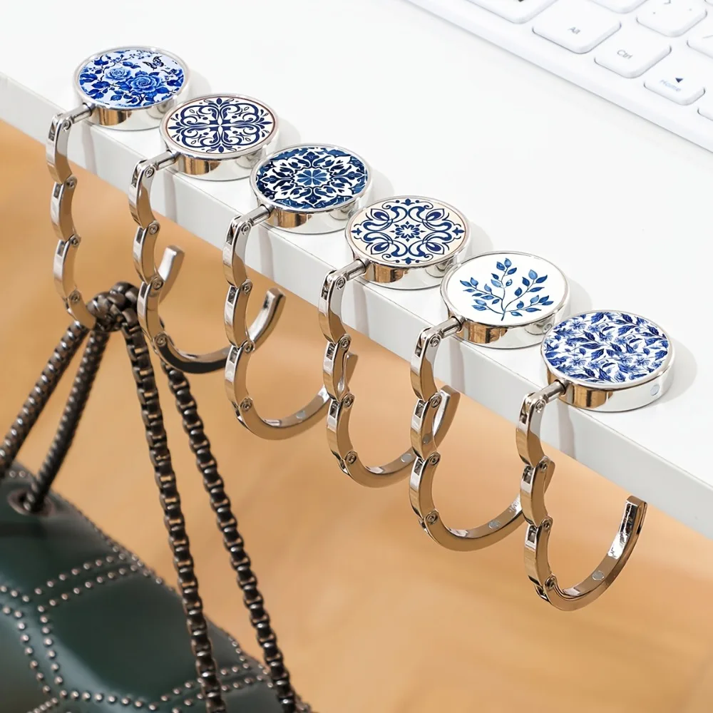 Blue-and-White Porcelain Pattern Table Handbag Hook Zinc Alloy Folding Desktop Handbag Holder Non-slip Back Round