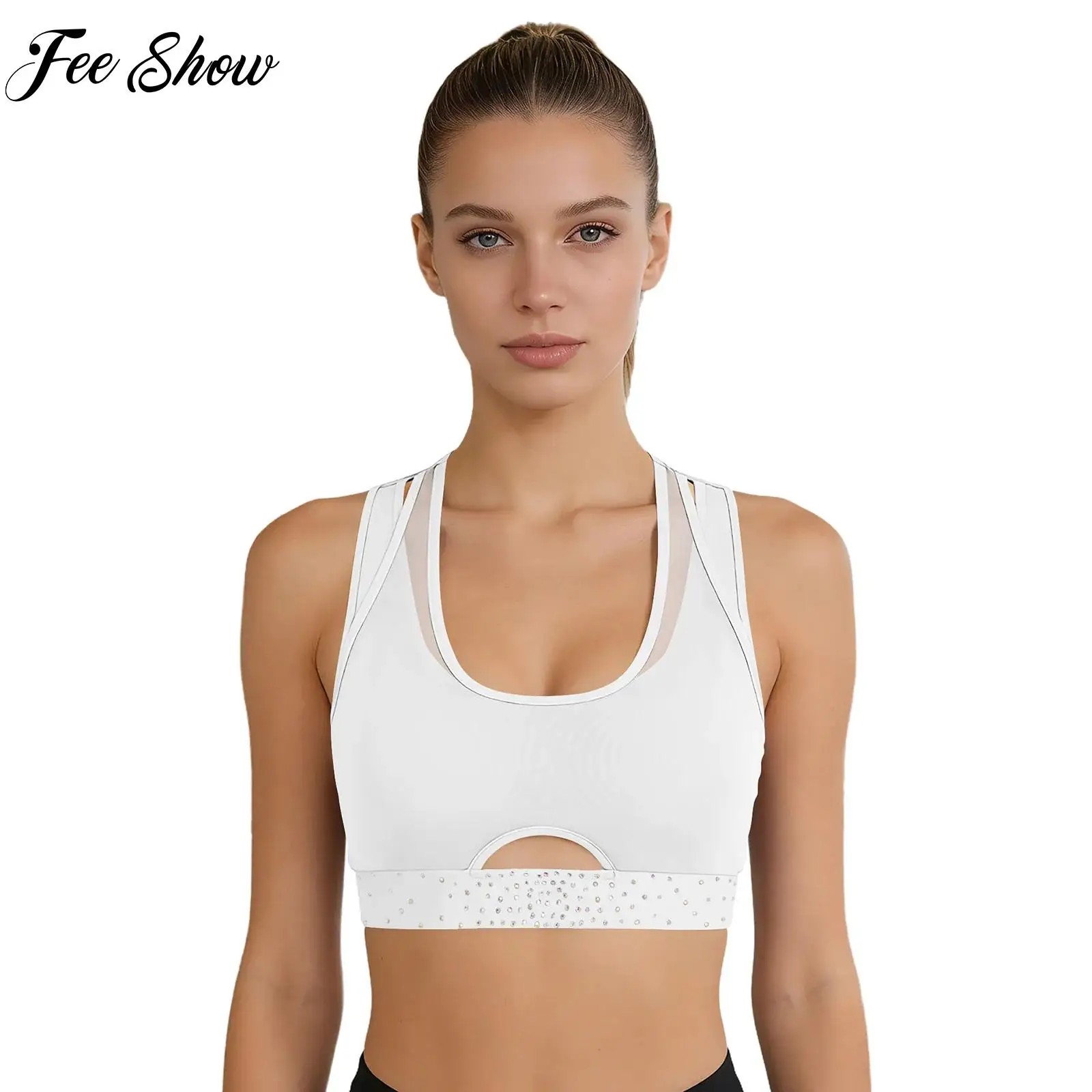 

Yoga Tops for Womens Sports Bra Shiny Rhinestones Elastic Hem Cropped Tank Top Sheer Mesh Overlay Keyhole Front Vest Active Wear