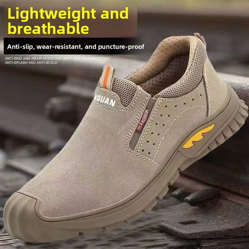 Comfortable Breathable Men's Work Boots Slip-On Construction Site Shoes Lightweight Anti-Slip Wear-Resistant Leather Material