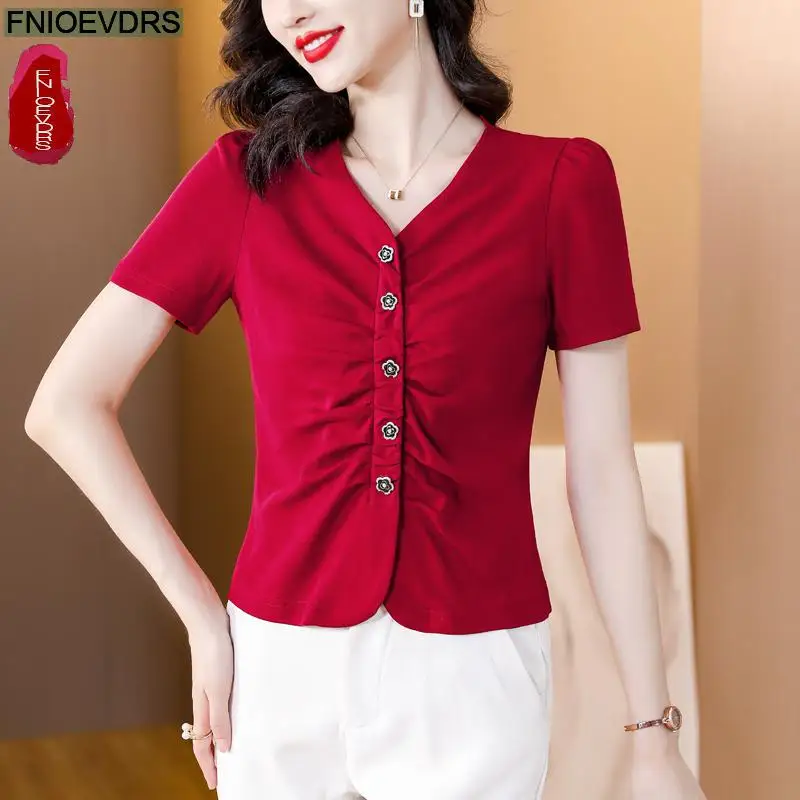 S-3XL 2023 Women Summer Short Sleeve Elegant Office Lady Work Button Shirt Casual Slim Wine Red Black White Short Tops Blouses