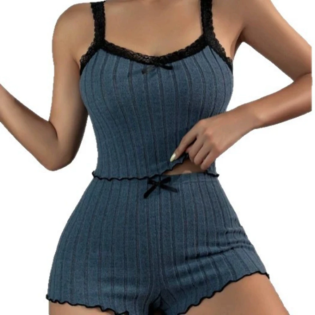Women Summer Strappy Cutout Bow Lace Underwire Retro High Waist Camisole Pajamas Tight Fitting Thin Home Vest  Shorts Set