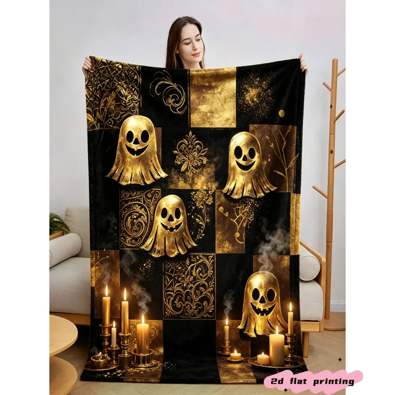 Gothic Royal Theme Throw Blanket Crowned Golden Skeleton King Throne Dark Fantasy Art Graphic Design Blanket for Bedroom Decor