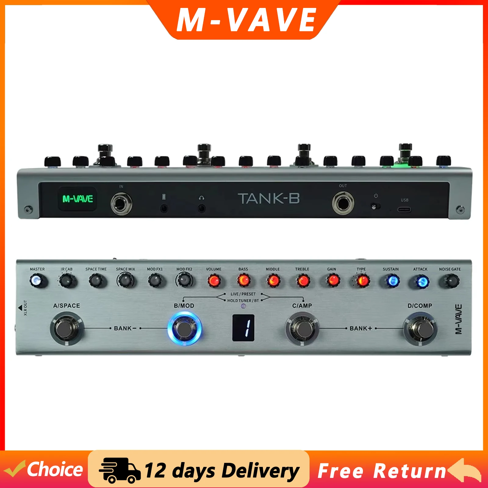 M-VAVE Tank-B Bass Guitar Multi Effects Pedal Rechargeable 36 Presets 3 Modulation/Delay/Reverb 8 IR Cab Slots 9 Preamp Slots