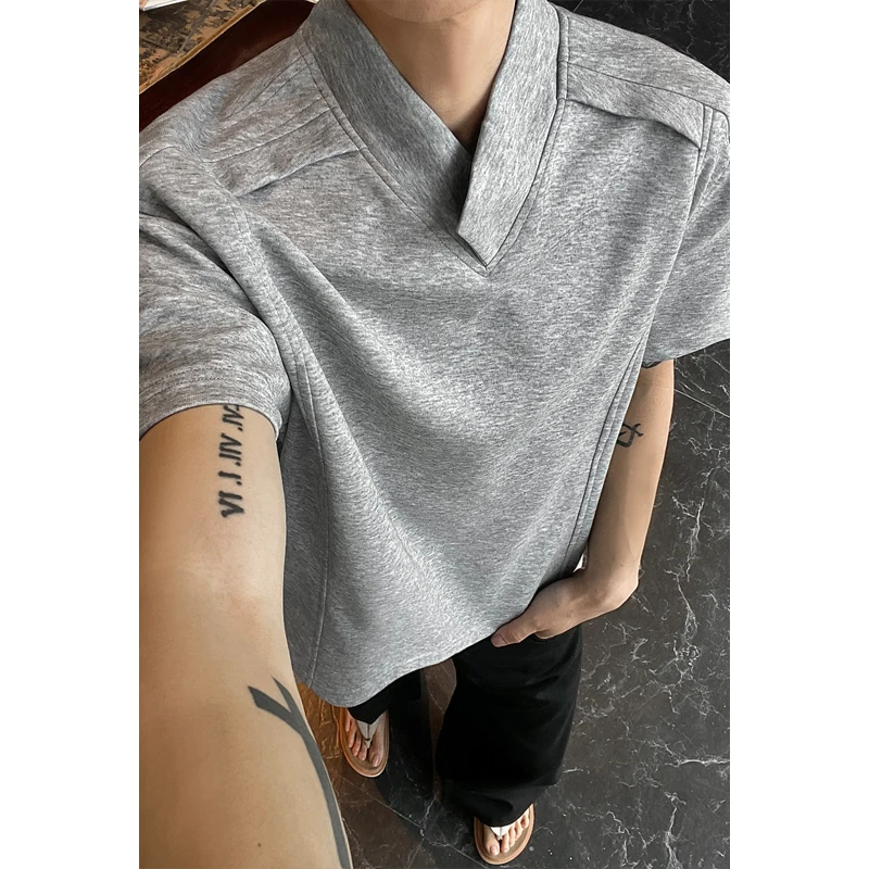 Plus Size Men's V-Neck T-Shirt Short Sleeve Cuban Collar Structured Top Minimalist Summer Streetwear Loose Fit Clothing Male 5XL