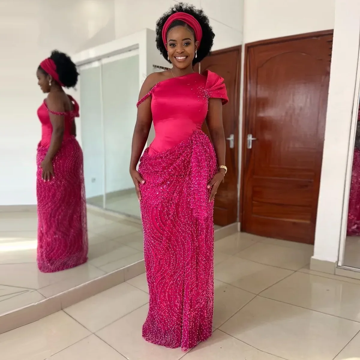 Hot Pink Luxury Beaded Lace African Formal Party Dresses Black Girls Fuchsia Birthday Dress Aso Ebi Style Wedding Guest Gowns