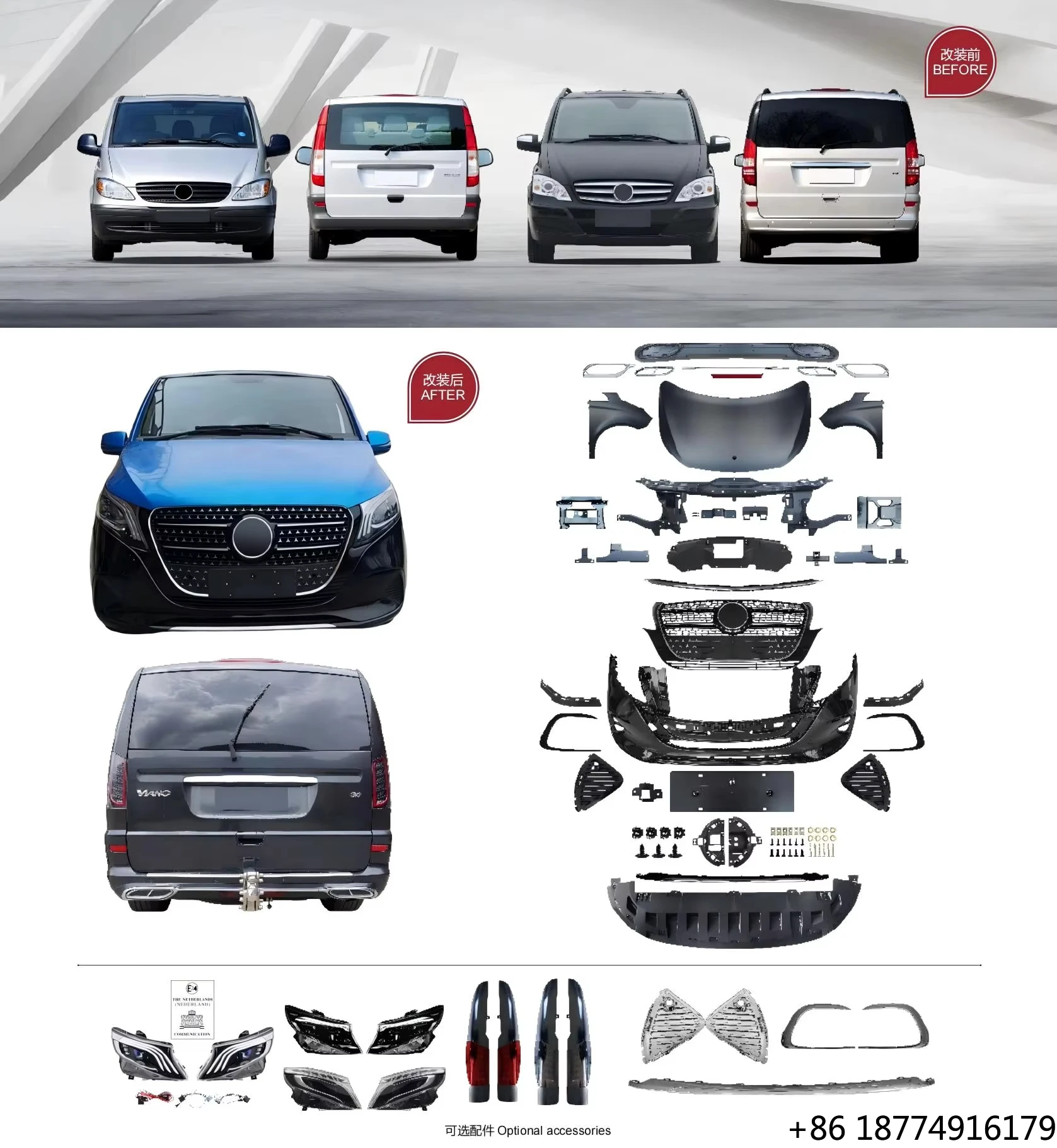 

Car Body Kit for Viano 2004-2015 Upgraded to 2024 Bumper Front Rear Lip Engine Hood Headlights Front Face Bodykit