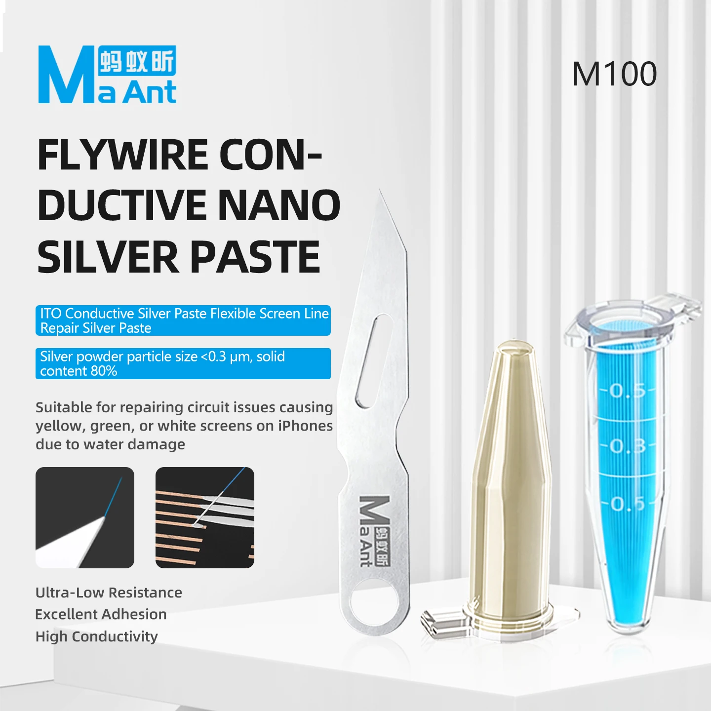 MaAnt conductive silver paste for motherboard PCB breakage repair, screen circuit repair and maintenance.