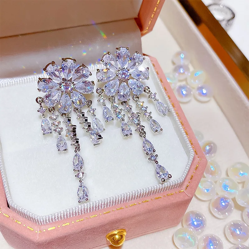 gold-plated-flower-tassel-zircon-stud-earrings-women's-luxury-light-luxury-style-ear-jewelry-gift