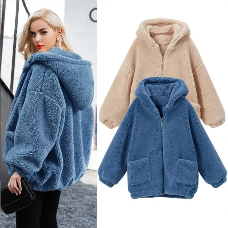 

Elegant Faux Fur Loose Coat Women 2022 Autumn Winter Thick Warm Soft Fleece Female Pocket Zipper Overcoat