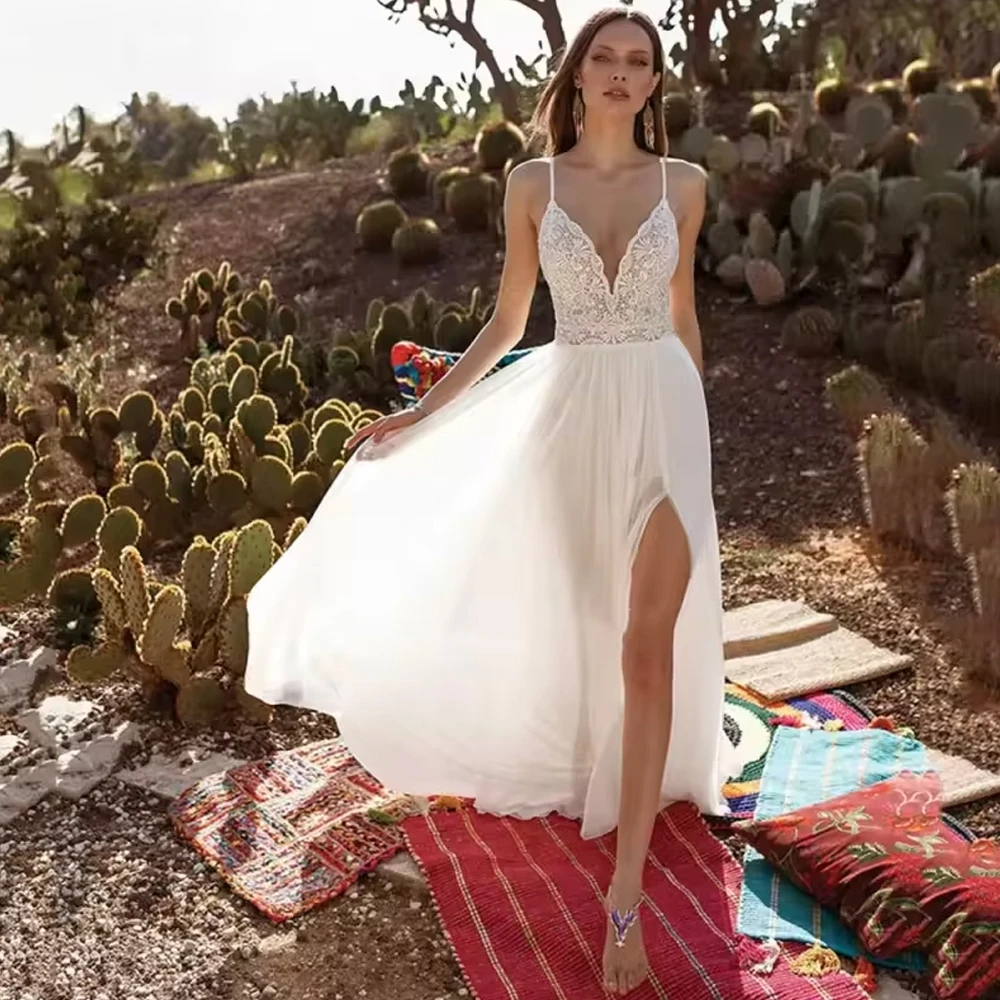 Customized Graceful High Split Wedding Dress For  Woman Chiffon Spaghetti Straps Beach Sweep Train V-Neck Robe Bridal Gown