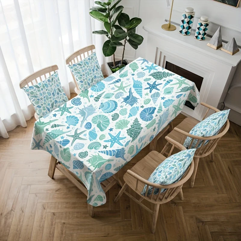 1pc Summer Marine Shellfish Star Rectangular Washable Tablecloth for Kitchen, Dining Room, Table Set, Party Dinnerzyc