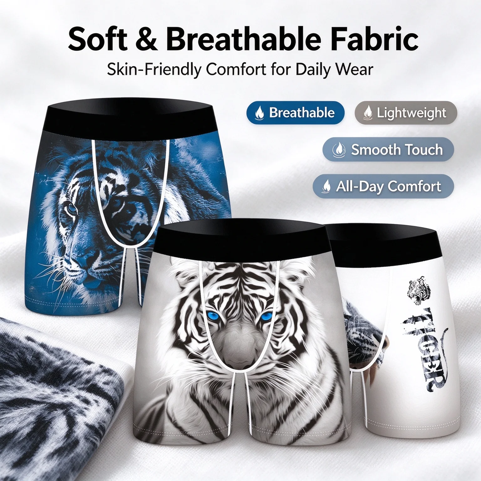 Men's Boxer Briefs 3D Tiger Print Soft Breathable Underwear, Cool Animal Pattern Stretch Waistband Men Underpants, Gift For Men