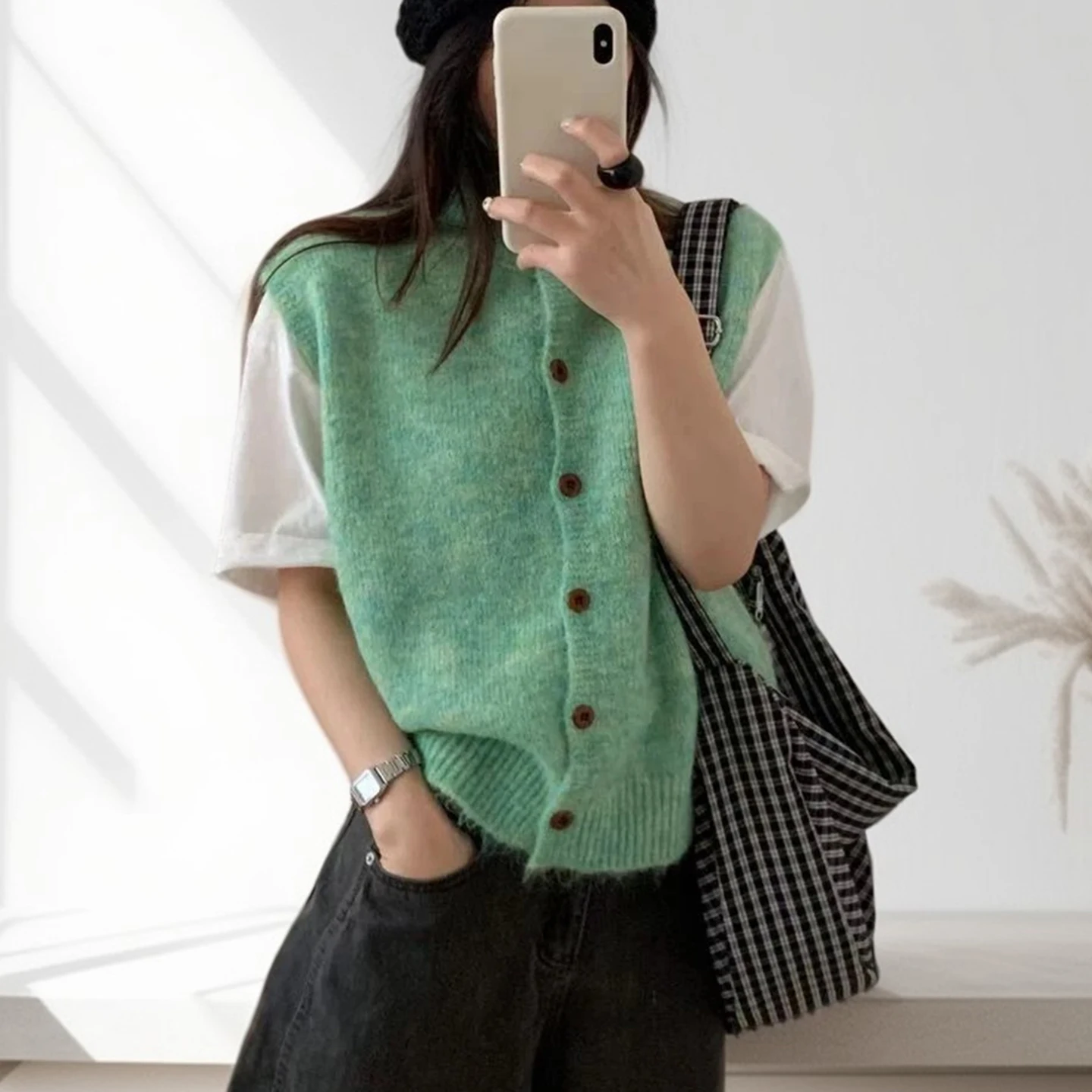 

Женский вязаный жилет, круглый, многослойный, модный, корейский, осенний, Новое поступление, удобный, на пуговицах из смеси полиэстера