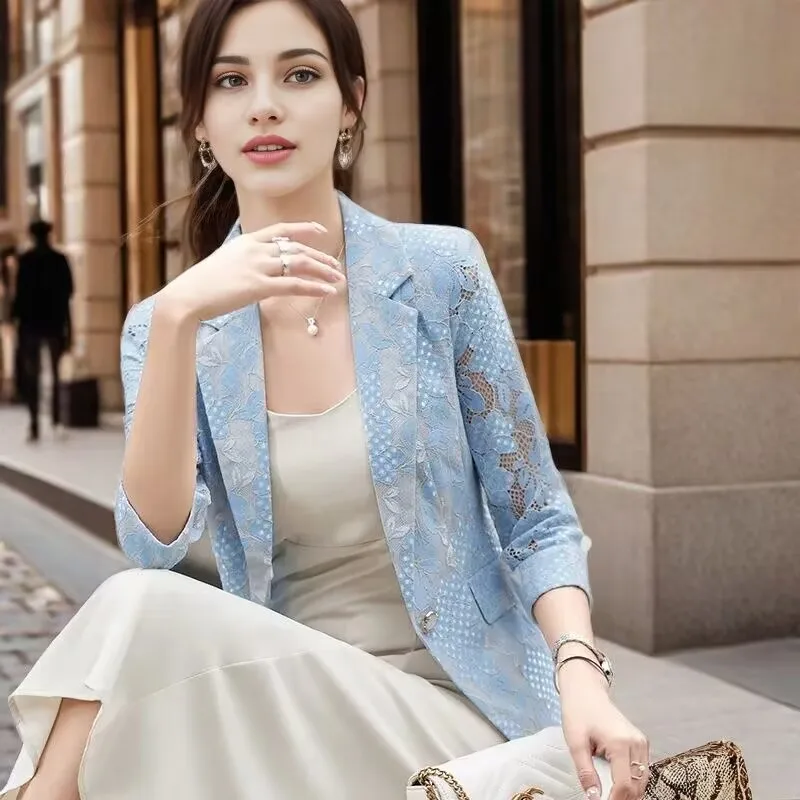 Design Sense Lace Blazer 2026 New Spring Top Women's Casual Three Quarter Sleeve Coat Lady Summer Sun Protection suit Jacket Blu