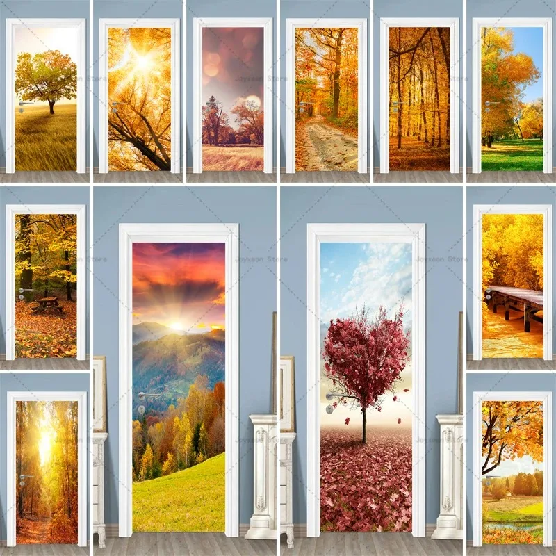 

Sunlit Golden Autumn Forest Door Mural Sticker Waterproof Removable Peel and Stick Door Decal Living Room Warm Fall Home Decor