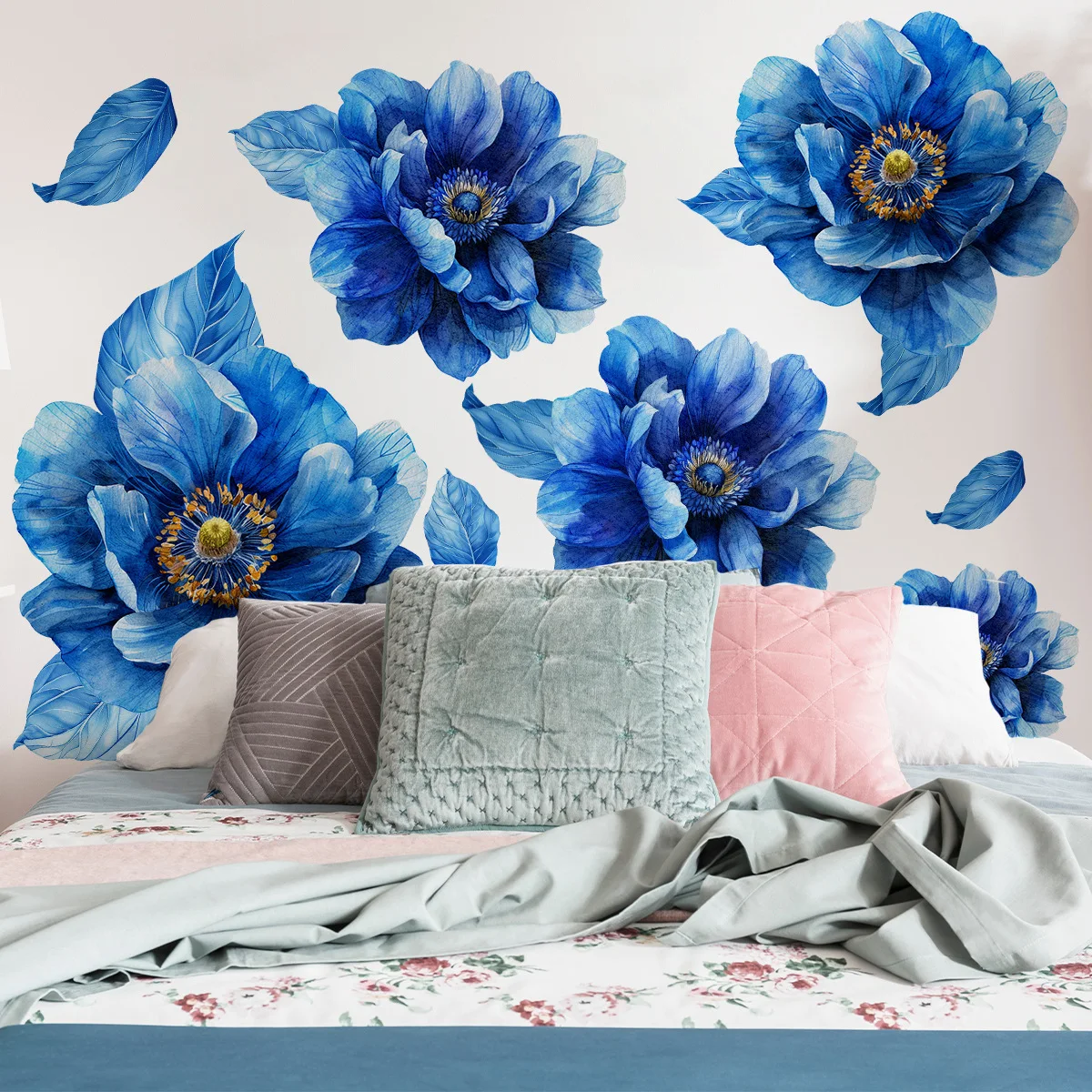 18Pcs Wall StickerBlue Flower Background Invisible Glue Material Wall Sticker Decoration Does Not Contain Pvc Glue-free