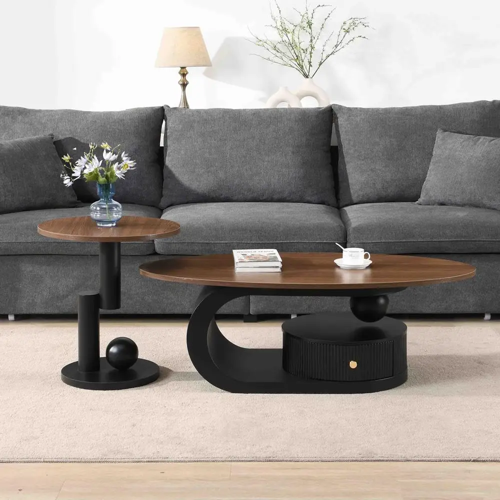 Luxury Nesting Coffee Table Set Oval Large 47in Small Round 19in Black Metal Frame NaturalWood MDFTopStorage Safe RoundedCorners