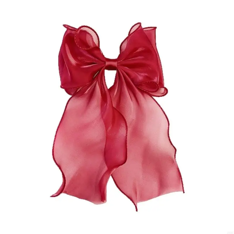 39BC Elegant Large Bowknot Hair Clip French Design Long Tail Tulle Barrette For Women