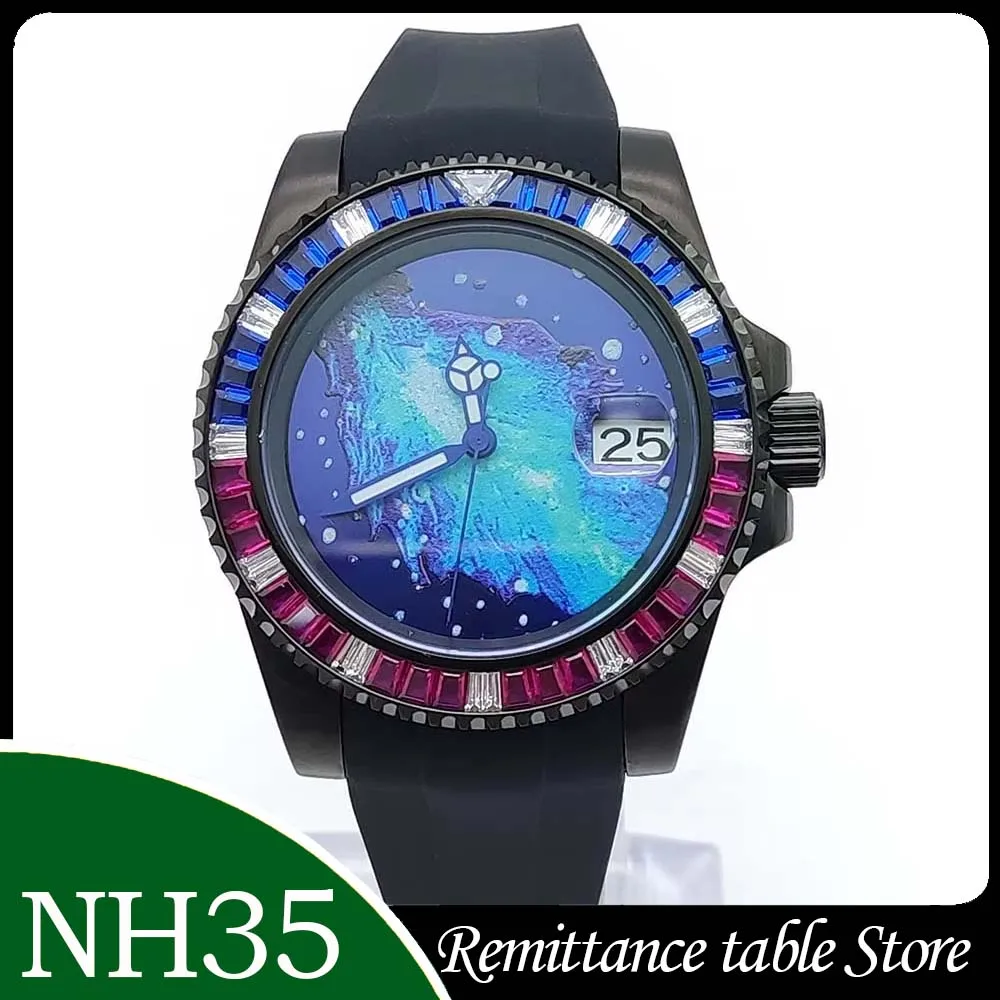 

Black Men's Sapphire china NH35 Business Watch Stylish Cool Diamond Bezel With Casual Rubber Strap