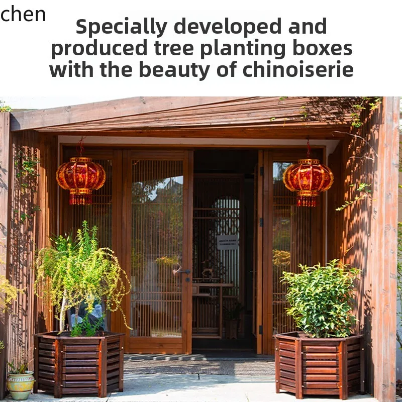 

QZT Anti-Corrosion Wooden Flower Box Outdoor Courtyard Fruit Tree Planting Box Villa Entrance Iron Tree Large Flower Pot