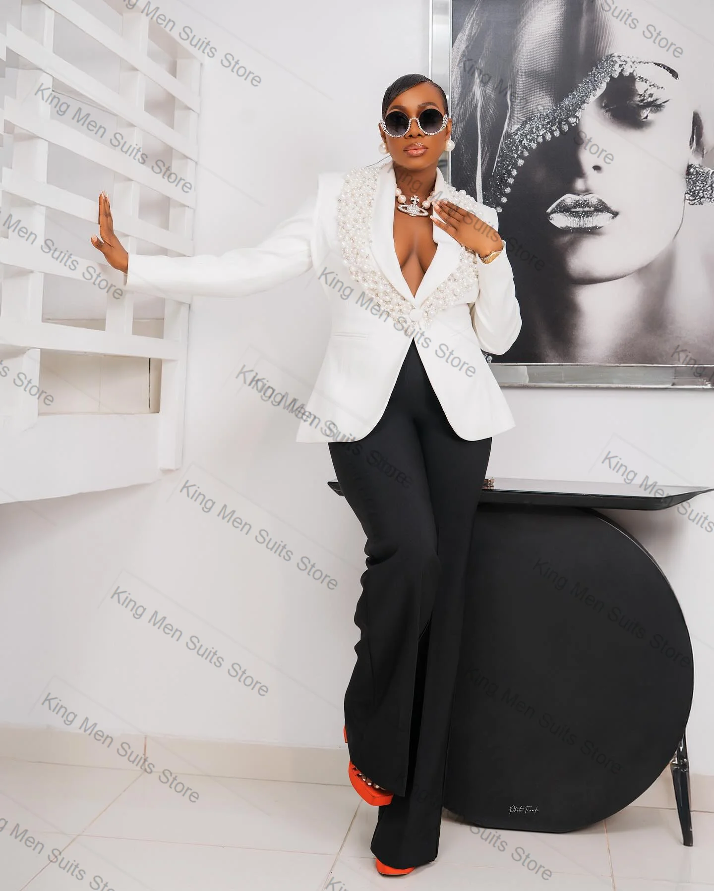 

Pearls Women Suit Set 2 Pcs White Blazer+Black Pants Trousers Customized Formal Office Lady Jacket Wedding Cotton Prom Coat