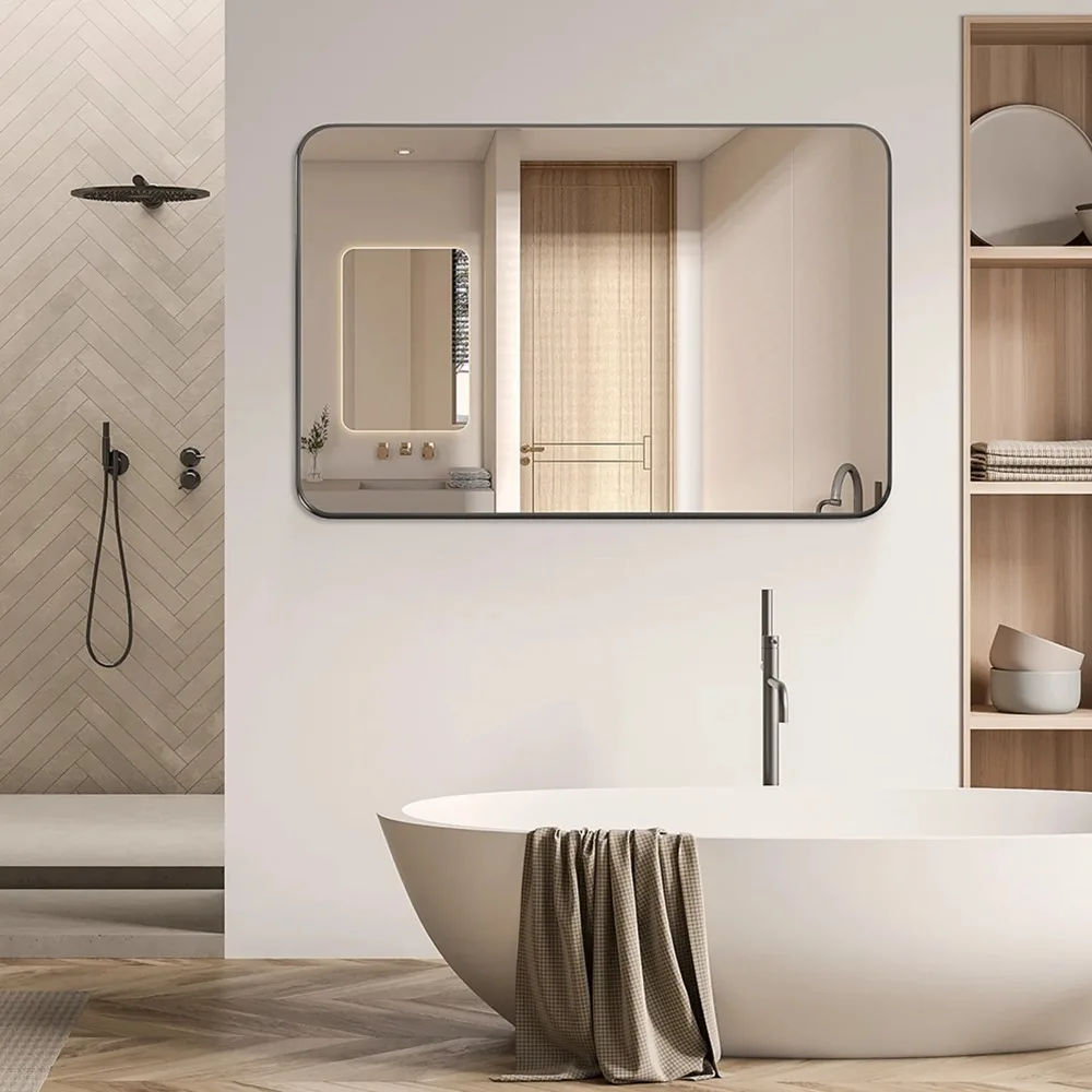 

Зеркало для ванной комнаты 30 x 22 дюйма для стены, матовое закругленное прямоугольное настенное зеркало с металлическим каркасом, черное