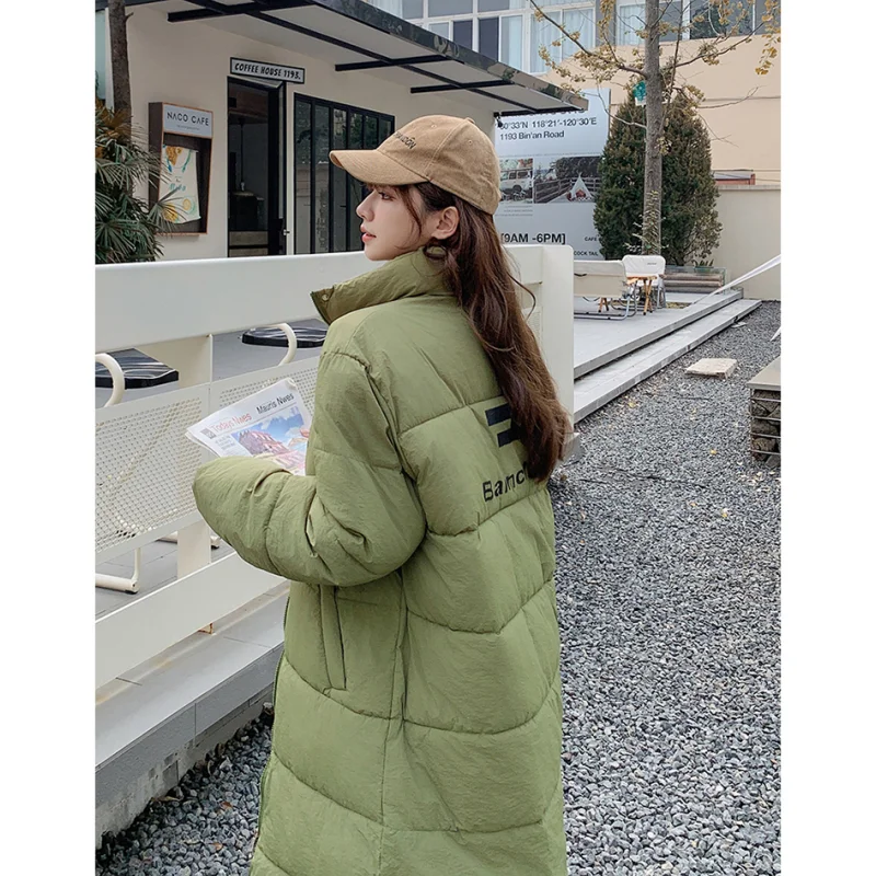 Women Green Medium Length Down Jacket Stand Collar Coat Fashion Windproof Thicken Duck Down Feather Female Letter Winter Outwear