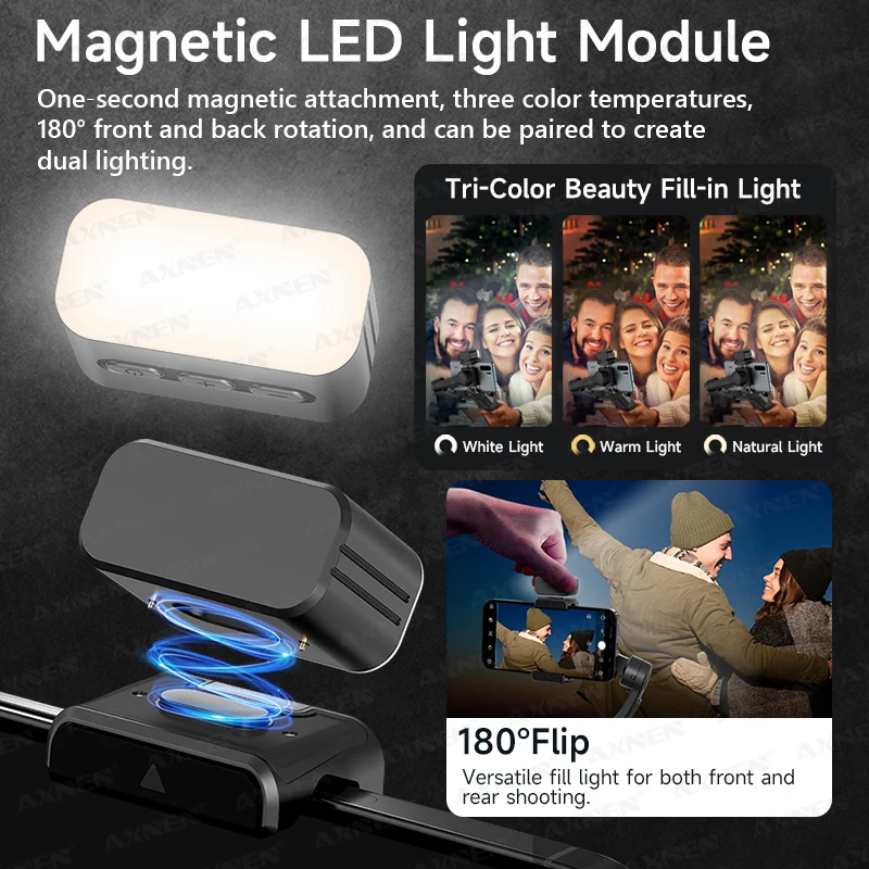 M03 AI seguimiento facial estabilizador de cardán de mano antivibración de 3 ejes luz de relleno magnética plegable micrófono desmontable para teléfonos inteligentes