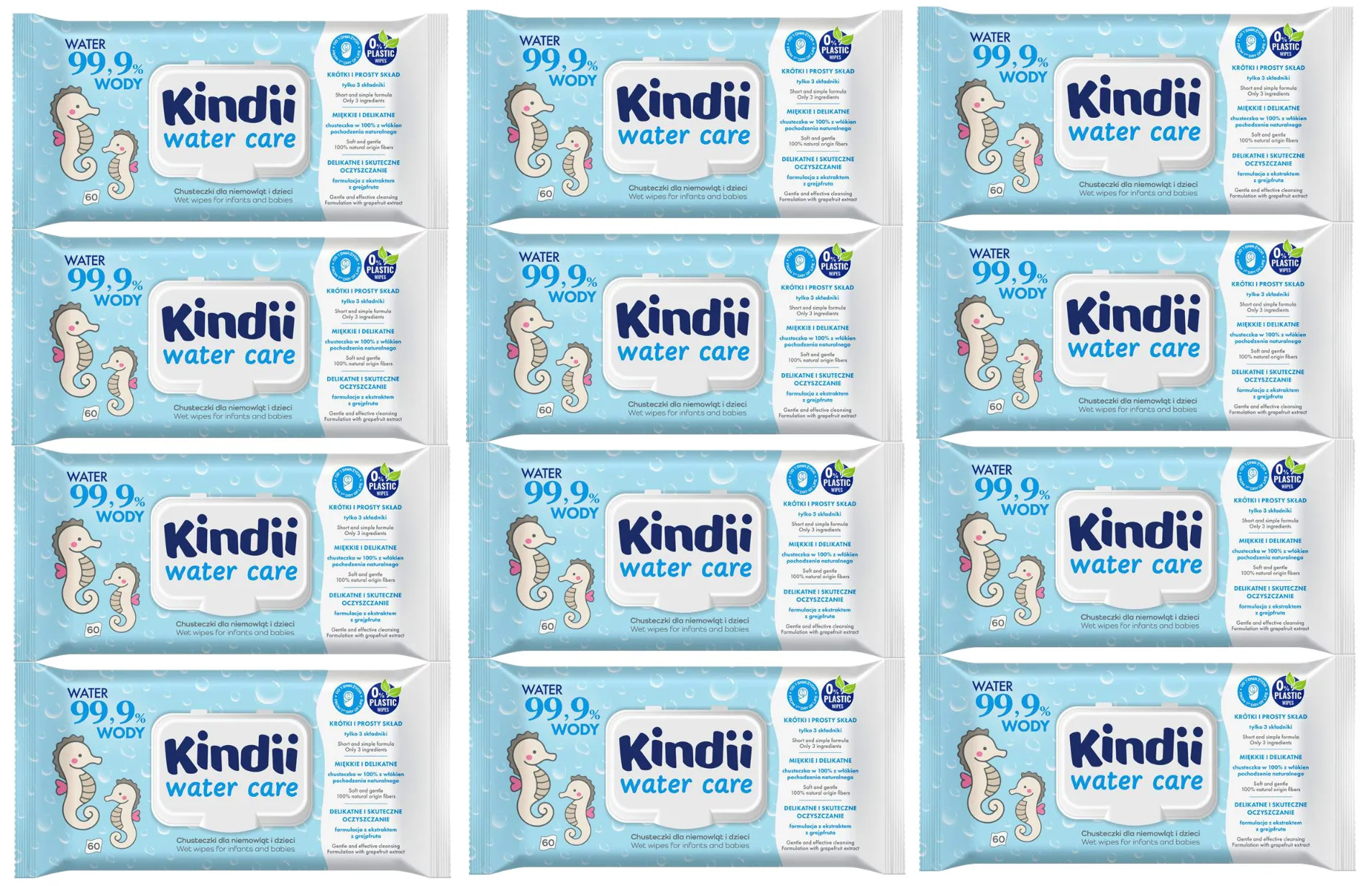 Kindi Chusteczki dla niemowląt i dzieci 99,9 % wody  Water Care 60 szt. x 12