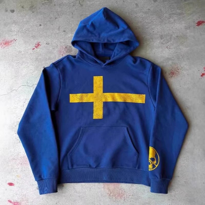 Amerikanischer Gothic Hip Hop Rock Harajuku Langarm-Hoodie Vintage Kontrast High Street Fashion Totenkopf-Kreuz-Druck Lässiger Mantel – Detail 5