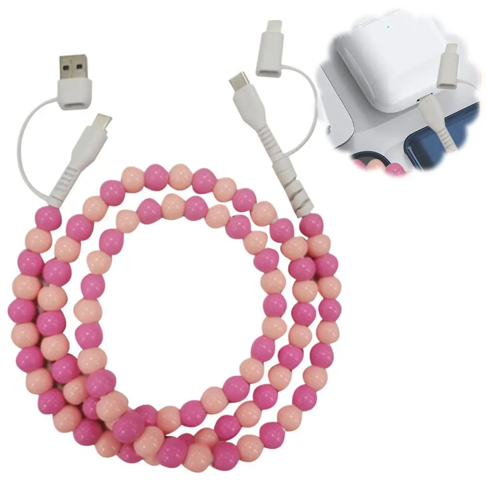 2-in-2 Beaded Charging Cable With Pearl Colorful Beads, USB Type-C Data Cable For Phones, Car Compatible Gift Cable
