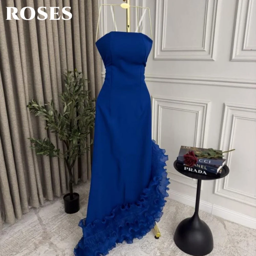 

ROSES Navy Blue Evening Dresses Strapless Trumpet Formal Occasion Dress Sleeveless Satin Party Dresses with Pleats Customized