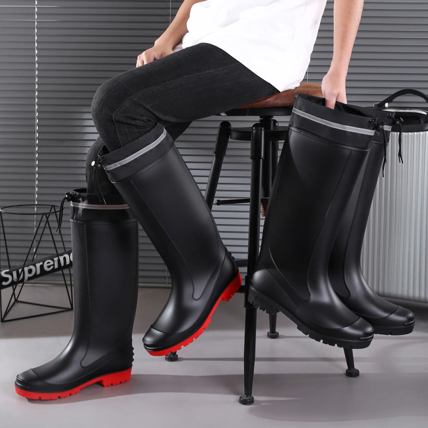 Classic Drawstring Black Men's Rain Boots Windproof High Rain Boots Large Size Waterproof Non-slip Boots Long Warm Rubber Shoes