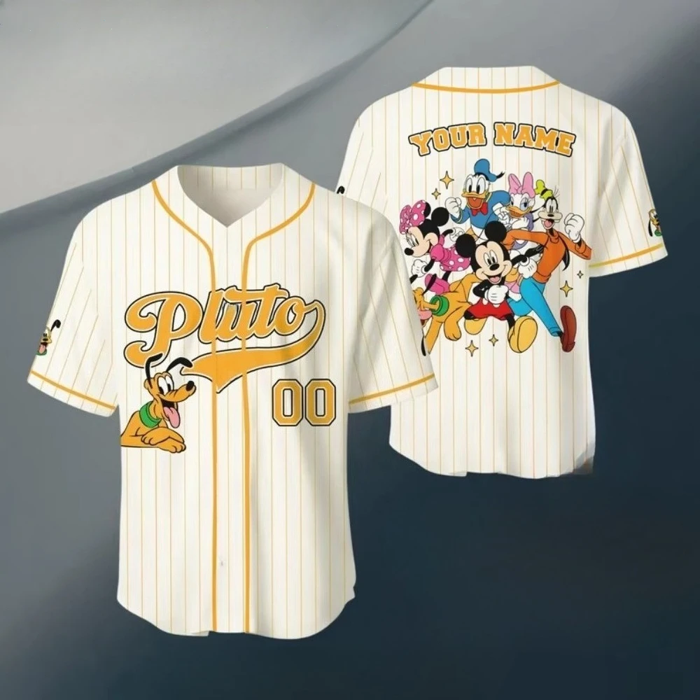 Summer Fashion Mickey Mouse Baseball Style 3D Printing Quick Drying Loose Short Sleeves Street Wear V-neck T-shirt Large view 2