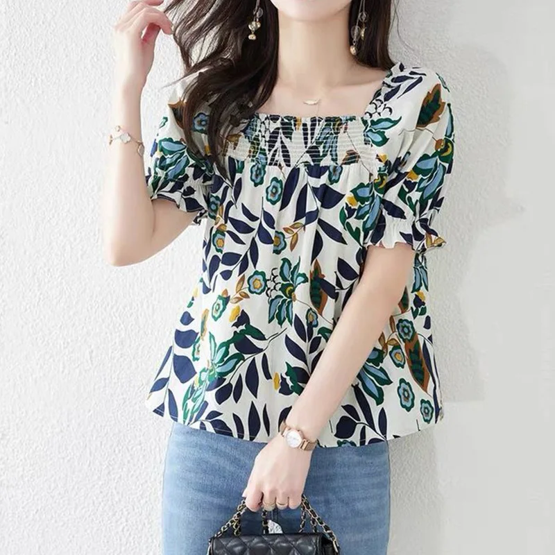 Summer Korean Fashion Quare Collar Floral Print Puff Sleeve Short Sleeve Chiffon Shirt Elegant Loose Casual Blouse Blusa Women