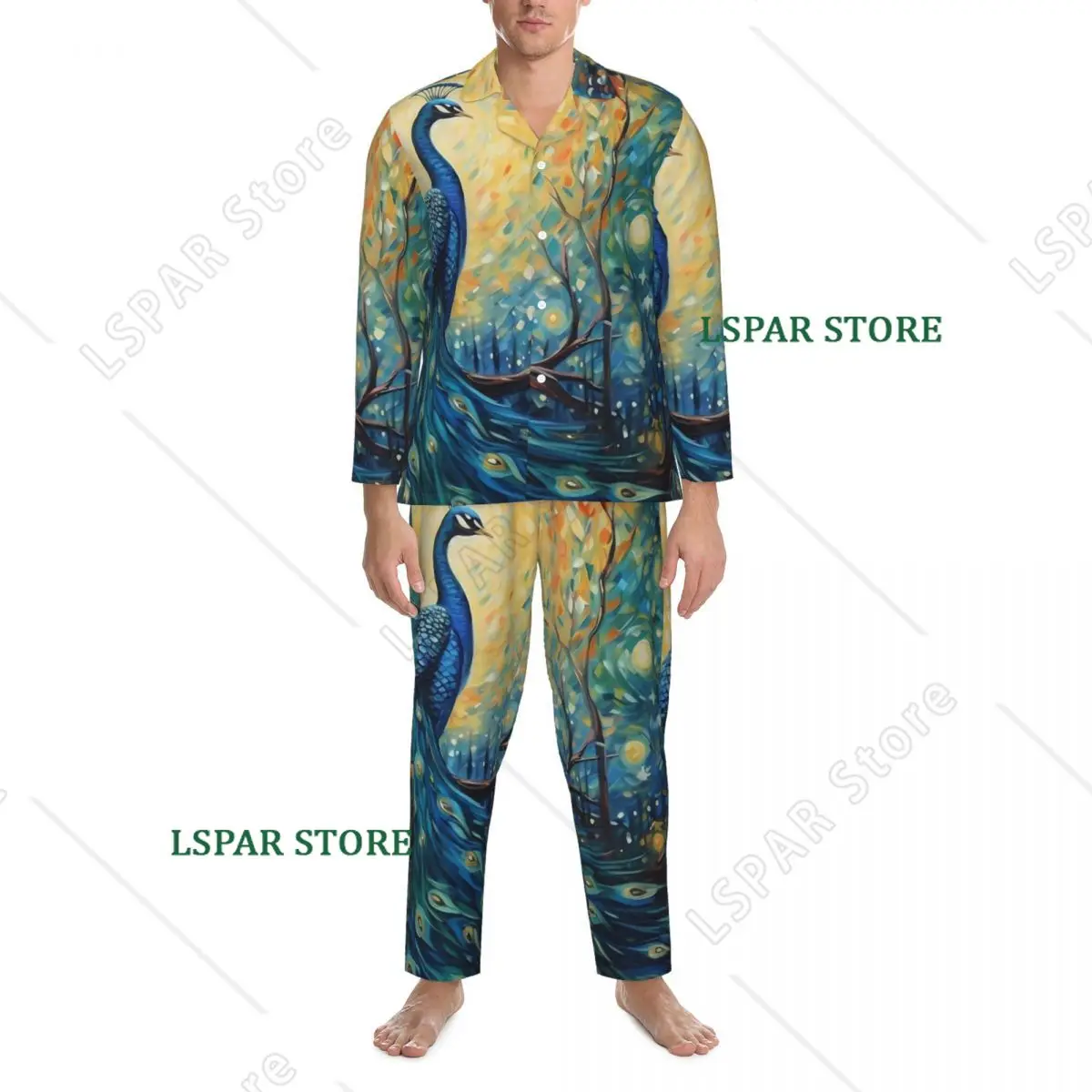 Painting About Peacock Pajama Sets Autumn Comfortable Sleep Sleepwear Couple 2 Piece Casual Loose Oversized Nightwear