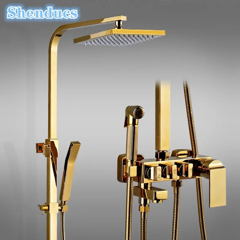 Gold Thermostatic Bathroom Shower Set for Bathroom Accessories 12 Inch Rain Shower Head Golden Hot Cold Bathroom Shower System